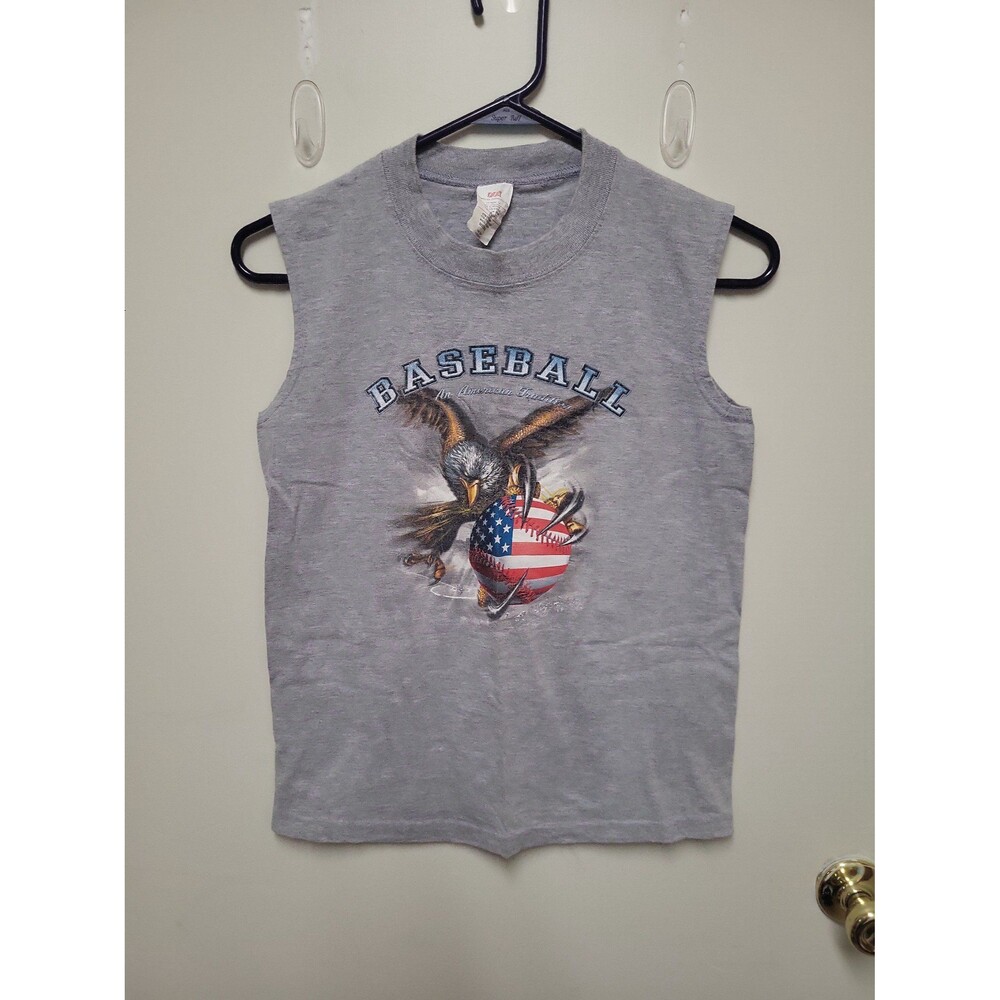 Vintage Fortune Fashions Gray Tank Top with Patriotic Bald Eagle and Baseball